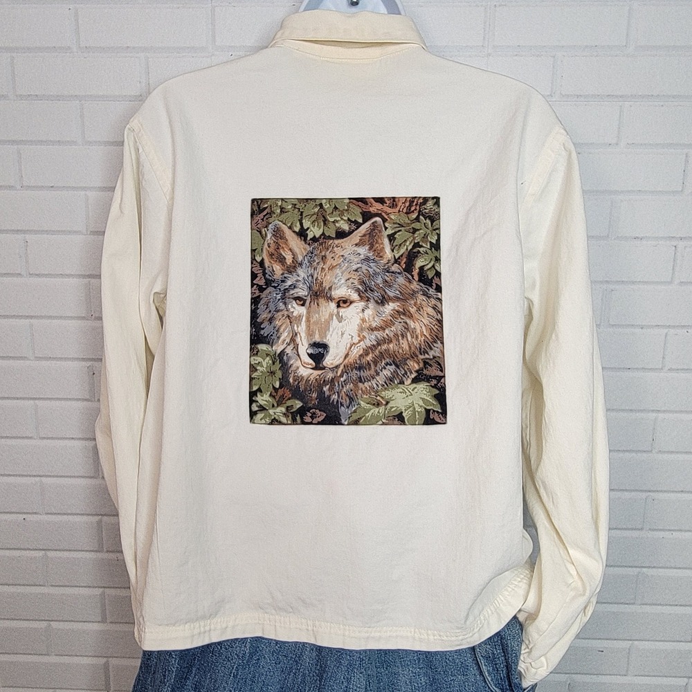 Vtg 1990s CRT Wolf Applique Shacket Sz L Cream Denim Western Rustic Jacket